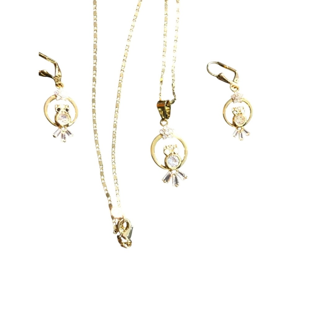Gold Laminated Owl Pendant Necklace and‎ Dangle Earrings Jewelry Set 17 inches